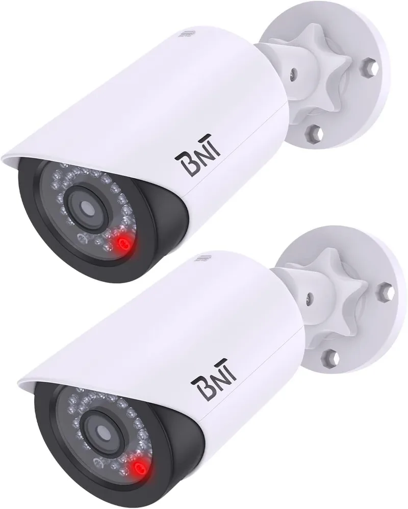 BNT Cámara de Seguridad Falsa con LED Rojo Nocturno Automático (Pack de 2, Blanco)