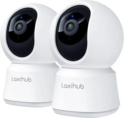 Laxihub P2 (Pack de 2) - Cámara WiFi interior 3MP con PTZ para mascotas, audio bidireccional