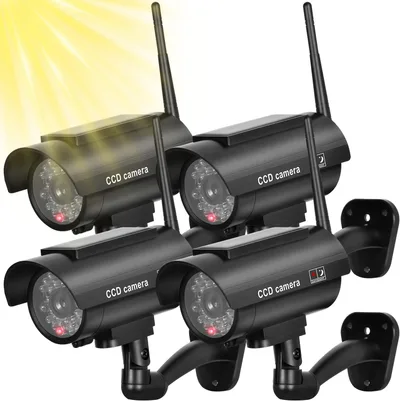 BNT Cámara de seguridad falsa solar con luz roja intermitente (paquete de 4)