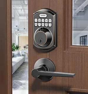 TEEHO TE001L - Cerradura sin llave con dos manijas de palanca, bloqueo automático, acabado bronce