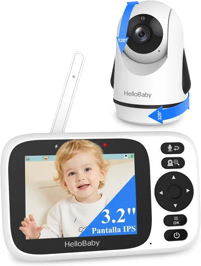 HelloBaby Vigilabebés sin WiFi con Pantalla IPS de 3,2" y Cámara PTZ