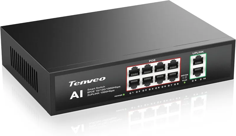 Tenveo PoE+ Switch 8 Puertos Gigabit 120W, 2 Uplink, VLAN