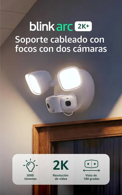 Blink Soporte cableado con focos y 2 cámaras Mini 2K+, 3000 lúmenes, cobertura 180°