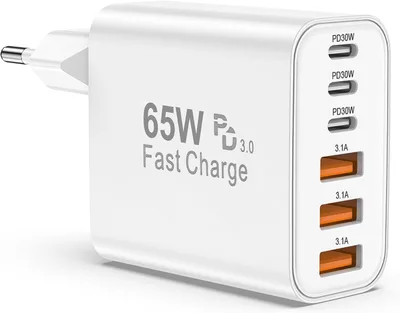 BSTOEM Cargador USB-C de 65W, 6 Puertos (3 USB-C + 3 USB-A)